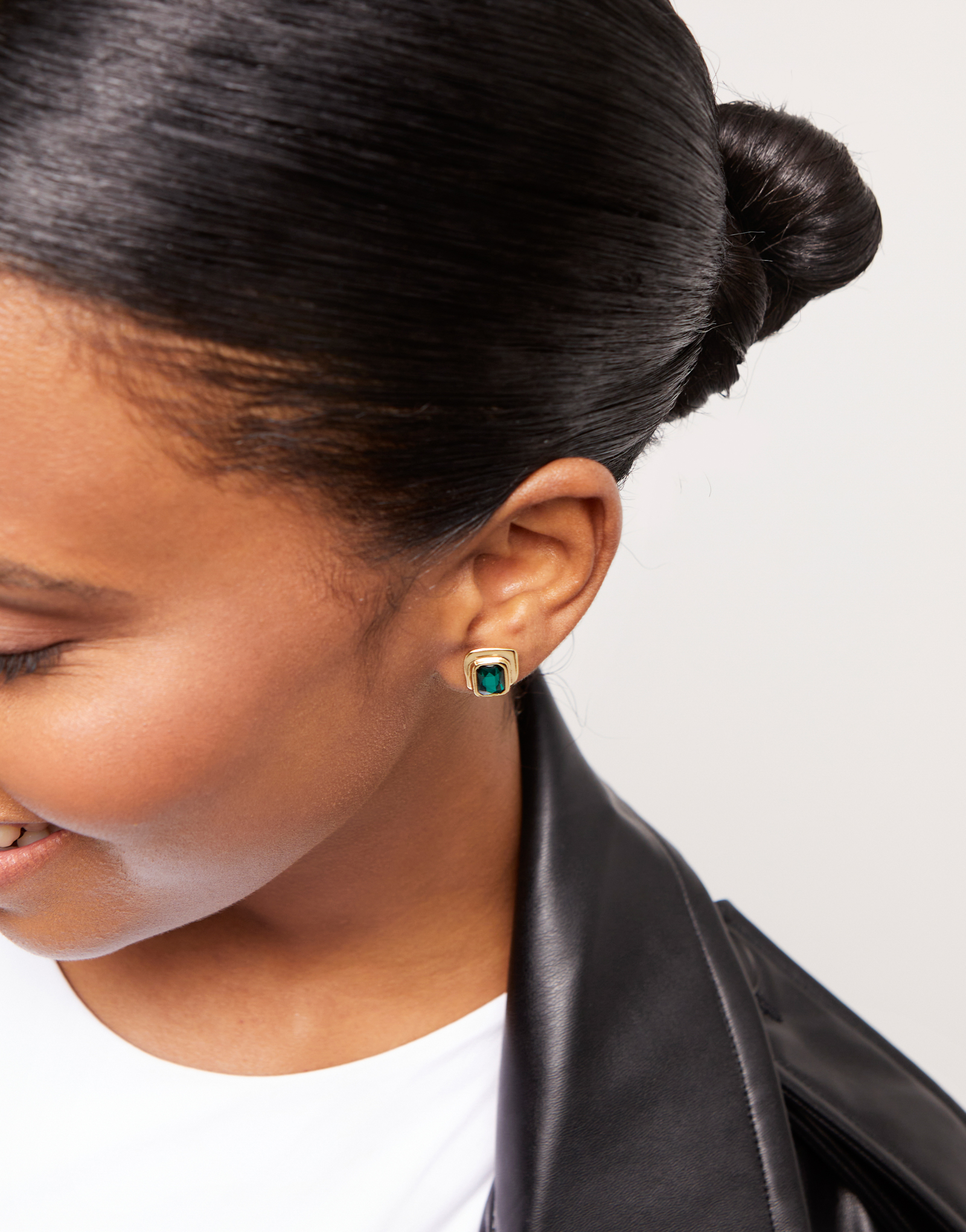 Stud earrings with green crystal, Golden, large thumbnail